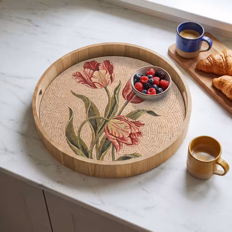 Bloemen - Mozaïek - Rood - Groen - Kunst Dienblad Rond middel -sfeer2