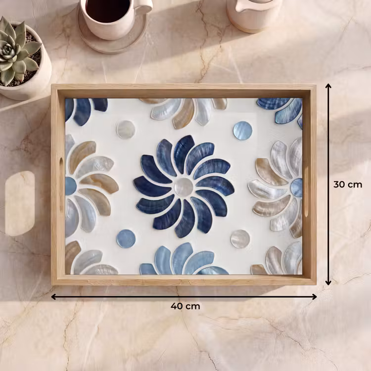 Bloemen - Parelmoer - Abstract - Patroon - Blauw Dienblad Rechthoek middel -USP_Formaat