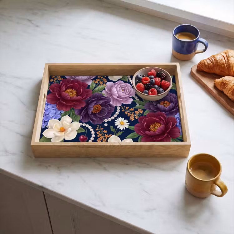 Bloemen - Parels - Decoratie - Modern - Blauw Dienblad Rechthoek middel -sfeer2