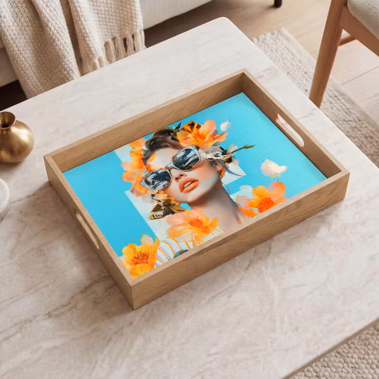 Bloemen - Vrouw - Zonnebril - Blauw Dienblad Rechthoek middel -sfeer1