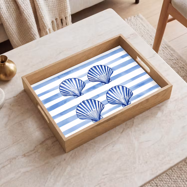 Vier schelpen - Blauw - Wit - Strepen Dienblad Rechthoek middel -sfeer1
