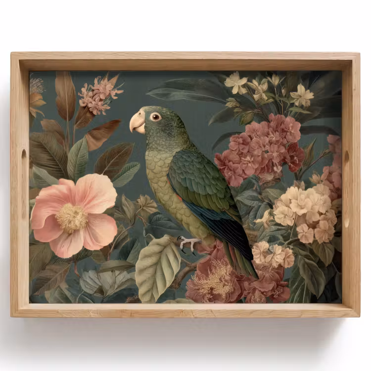 Groene papegaai - Kleurrijke bloemen - Donkere achtergrond Dienblad Rechthoek middel -z3d_shopping