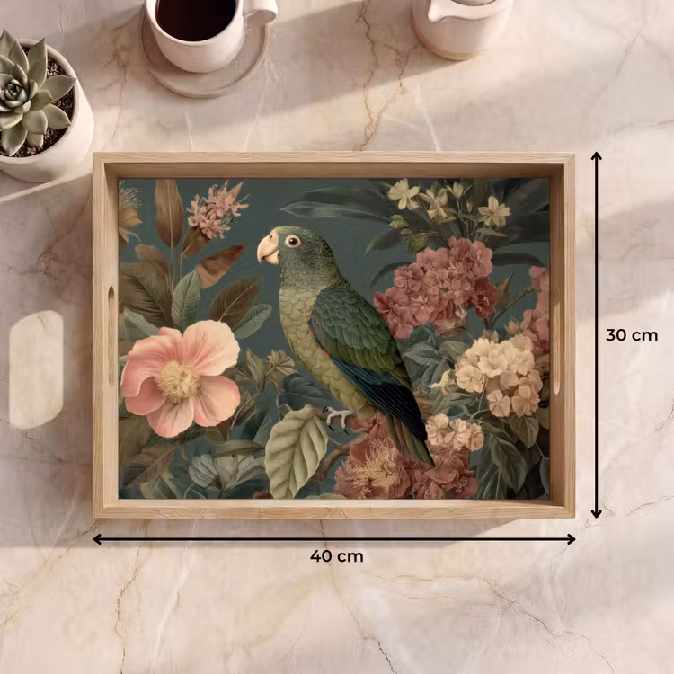 Groene papegaai - Kleurrijke bloemen - Donkere achtergrond Dienblad Rechthoek middel -USP_Formaat