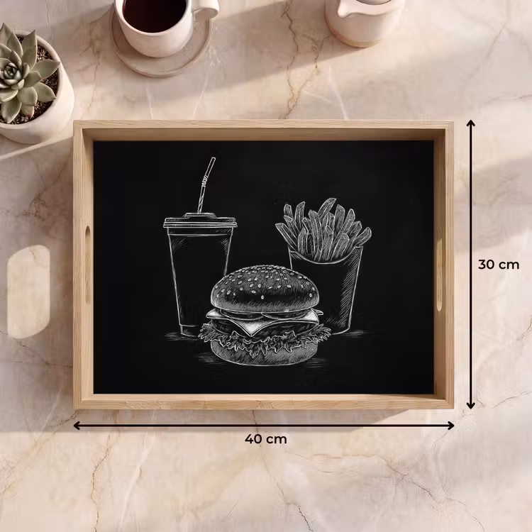Hamburger - Friet - Frisdrank - Krijttekening Dienblad Rechthoek middel -USP_Formaat