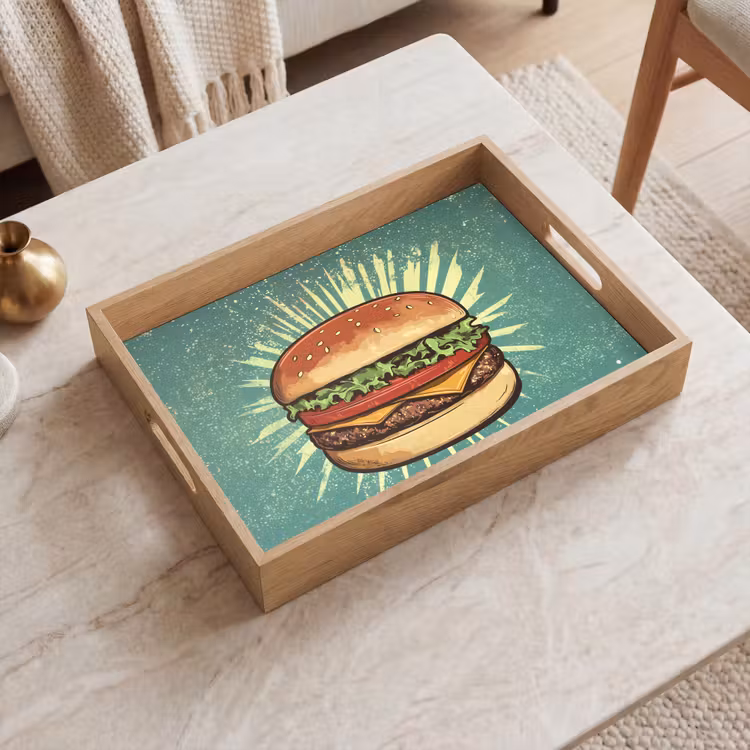 Hamburger - Illustratie - Sla - Kaas Dienblad Rechthoek middel -sfeer1