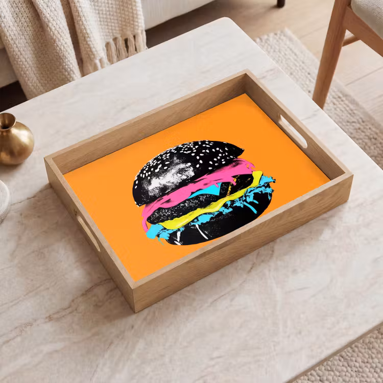 Hamburger - Oranje - Neon - popart Dienblad Rechthoek middel -sfeer1