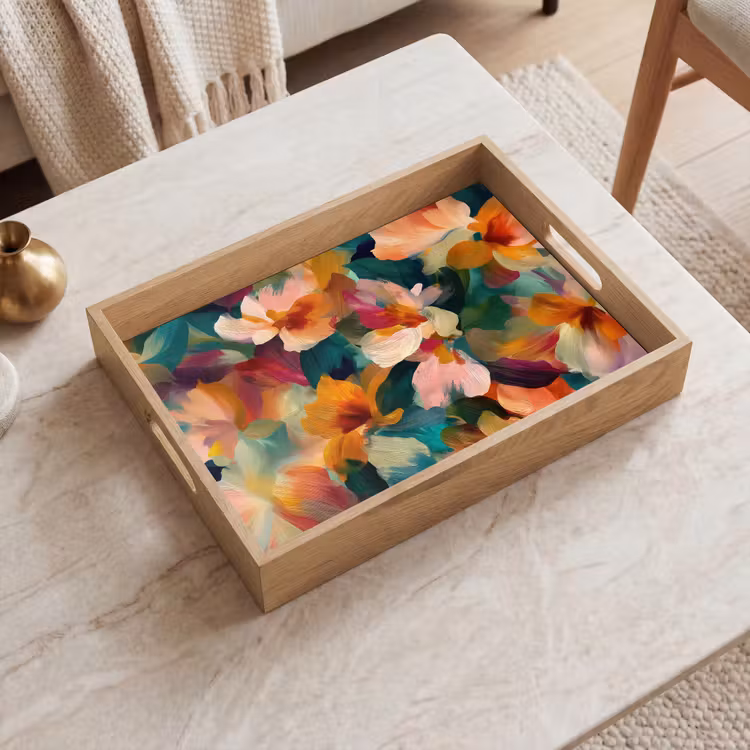 Harmonieus - Abstracte bloemen - Warme tinten Dienblad Rechthoek middel -sfeer1