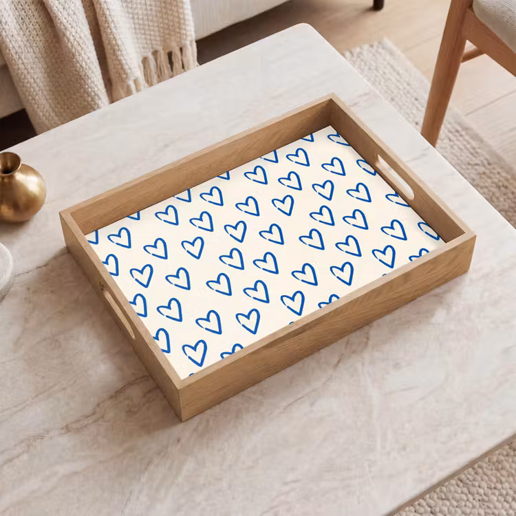 Hartjes patroon - Blauw - Beige - Liefde Dienblad Rechthoek middel -sfeer1