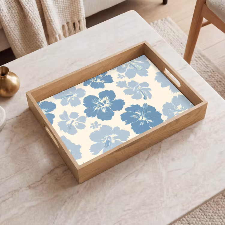 Hibiscusbloemen - Blauw - Patroon - Tropisch Dienblad Rechthoek middel -sfeer1