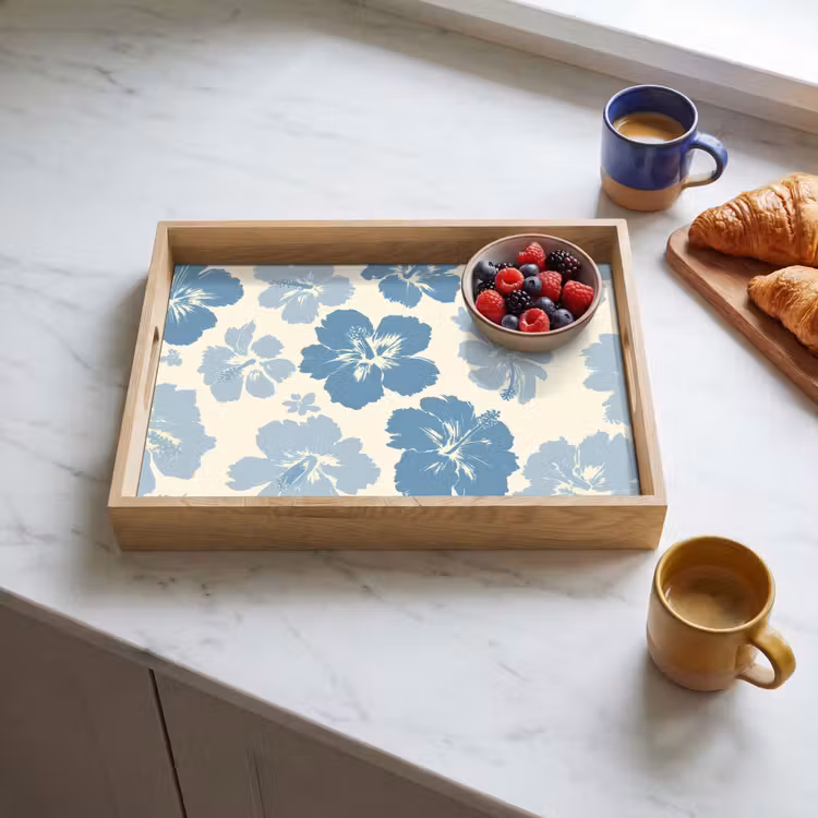 Hibiscusbloemen - Blauw - Patroon - Tropisch Dienblad Rechthoek middel -sfeer2