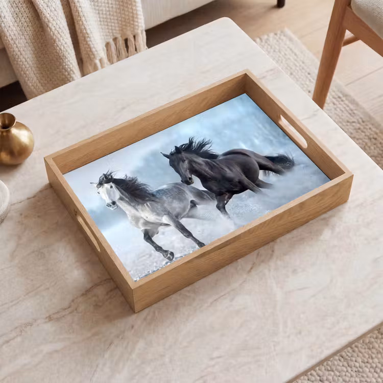 Paarden - Winter - Dieren - Natuur - Sneeuw Dienblad Rechthoek middel -sfeer1