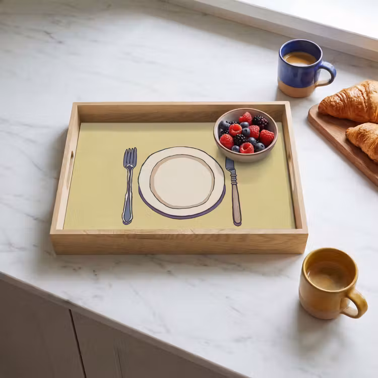 Illustratie - Bord - Bestek - Beige Dienblad Rechthoek middel -sfeer2