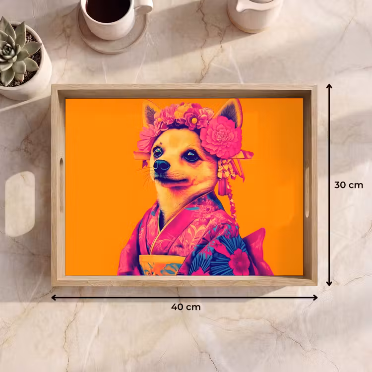 Kimono - Hondje - Bloemenkroon - Oranje Dienblad Rechthoek middel -USP_Formaat