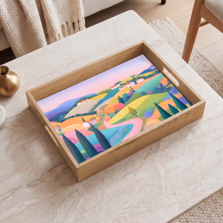 Landschap - Paars - Pastel - Huizen Dienblad Rechthoek middel -sfeer1
