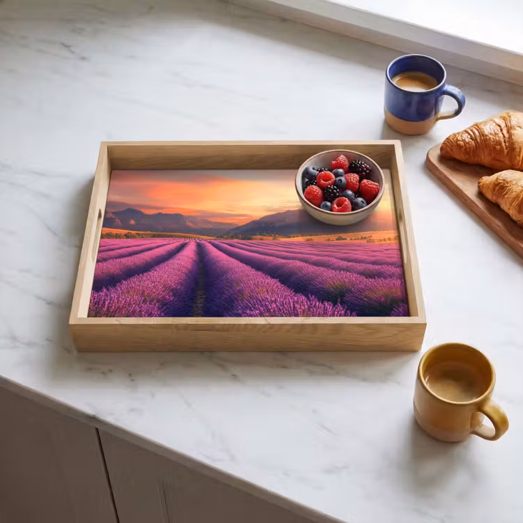 Lavendelveld - Zonsondergang - Paars Dienblad Rechthoek middel -sfeer2