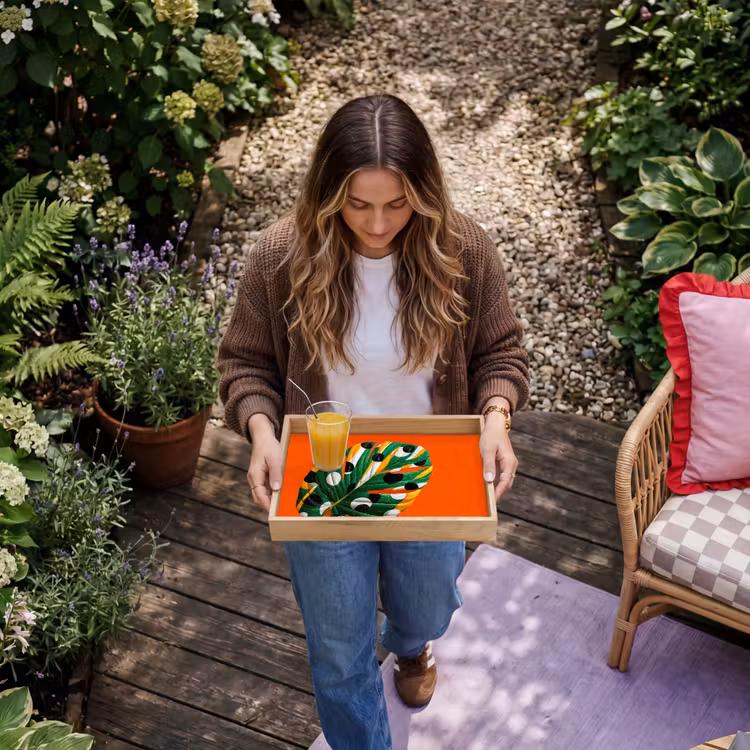Blad - Oranje - Stippen - Kleurrijk Dienblad Rechthoek middel -sfeer5