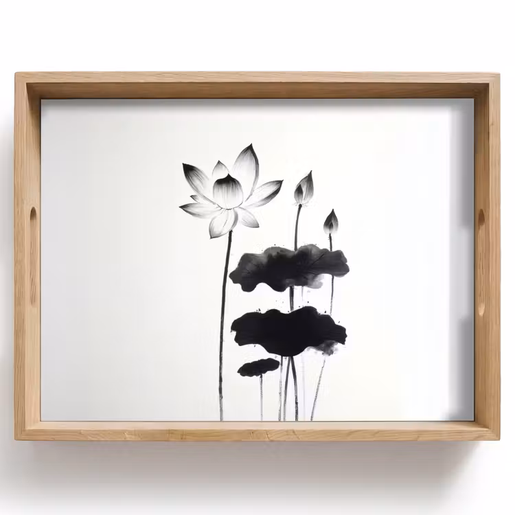 Bladeren - Zwart - Lotusbloem - Minimalitisch Dienblad Rechthoek middel -z3d_shopping