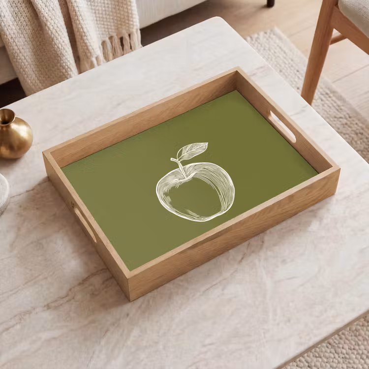 Lijntekening - Appel - Olijfgroen - Blaadje Dienblad Rechthoek middel -sfeer1