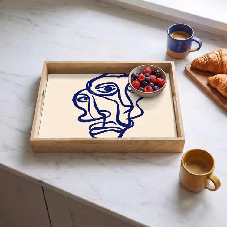 Lijntekening - Overlappende gezichten - Donkerblauw Dienblad Rechthoek middel -sfeer2