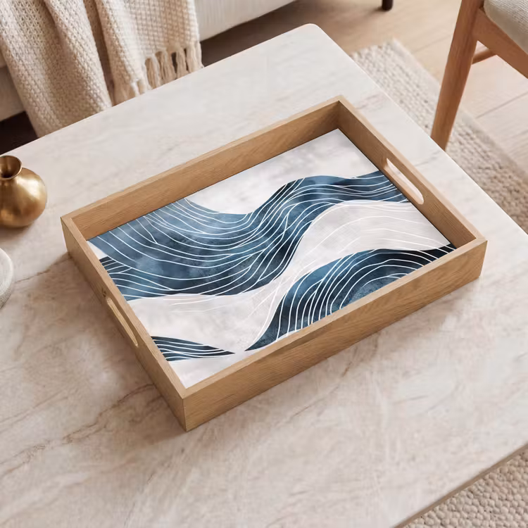 Lijnen - Golven - Abstract - Blauw Dienblad Rechthoek middel -sfeer1