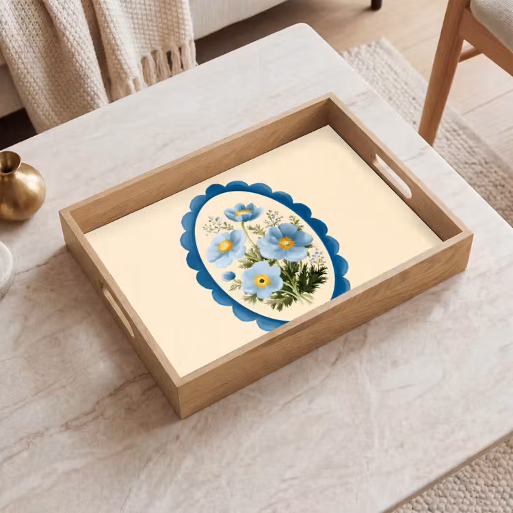 Lijst - Bloemen - Lichtblauw - Illustratie Dienblad Rechthoek middel -sfeer1