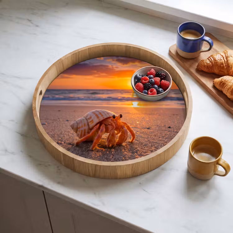 Kreeft - Strand - Natuur - Zonsondergang - Oranje Dienblad Rond middel -sfeer2