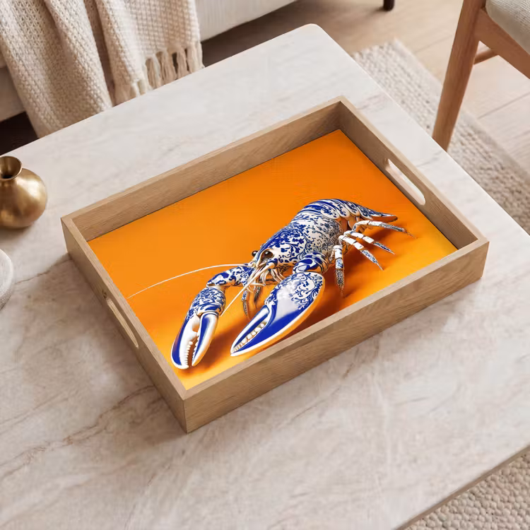 Kreeft - Delftsblauw - Schild - Stoer - Oranje Dienblad Rechthoek middel -sfeer1
