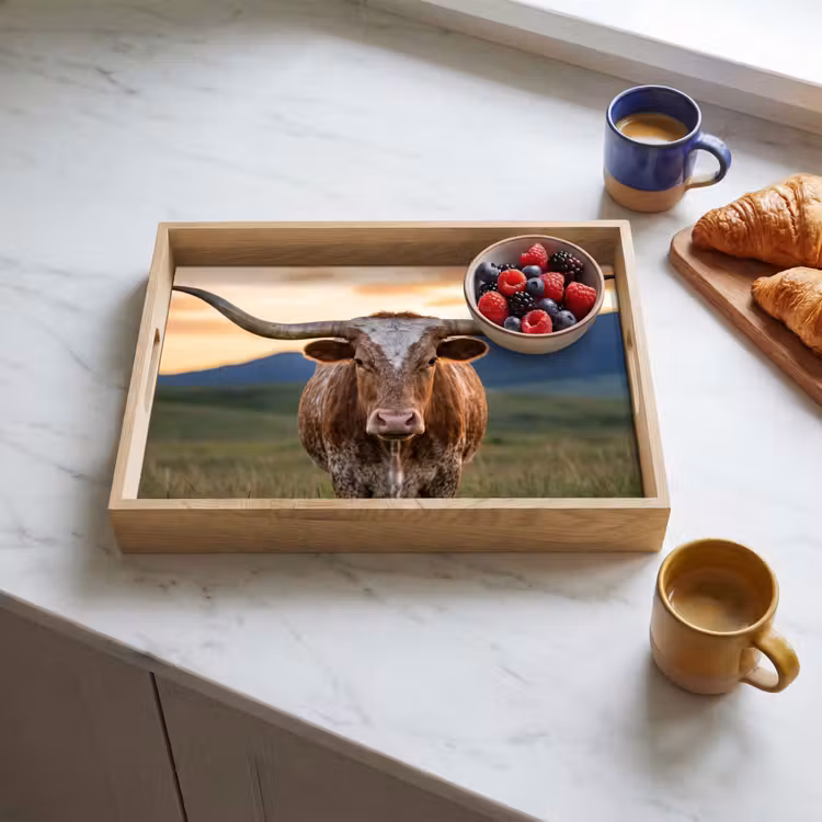 Longhorn - Landschap - Zonsondergang Dienblad Rechthoek middel -sfeer2
