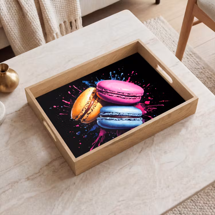 Macarons - Dessert - Graffiti - Kleurrijk - Roze - Blauw - Geel Dienblad Rechthoek middel -sfeer1