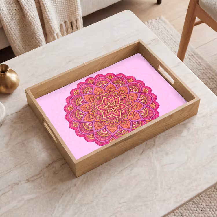Mandala - Cirkel - Spiritueel - Oosters - Roze Dienblad Rechthoek middel -sfeer1