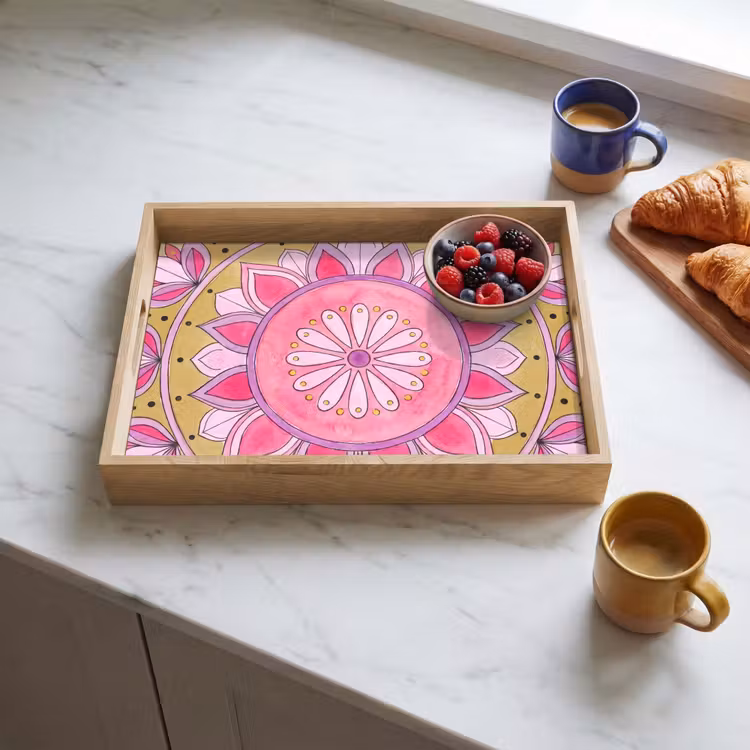 Mandala - Patroon - Kunst - Aquarel - Roze Dienblad Rechthoek middel -sfeer2