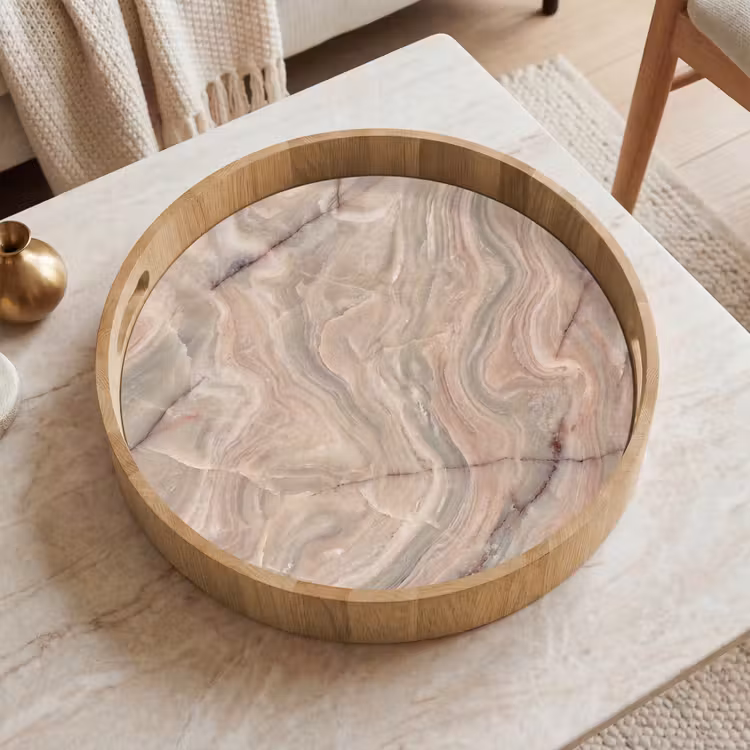 Marmer - Patroon - Abstract - Beige - Groen Dienblad Rond middel -sfeer1