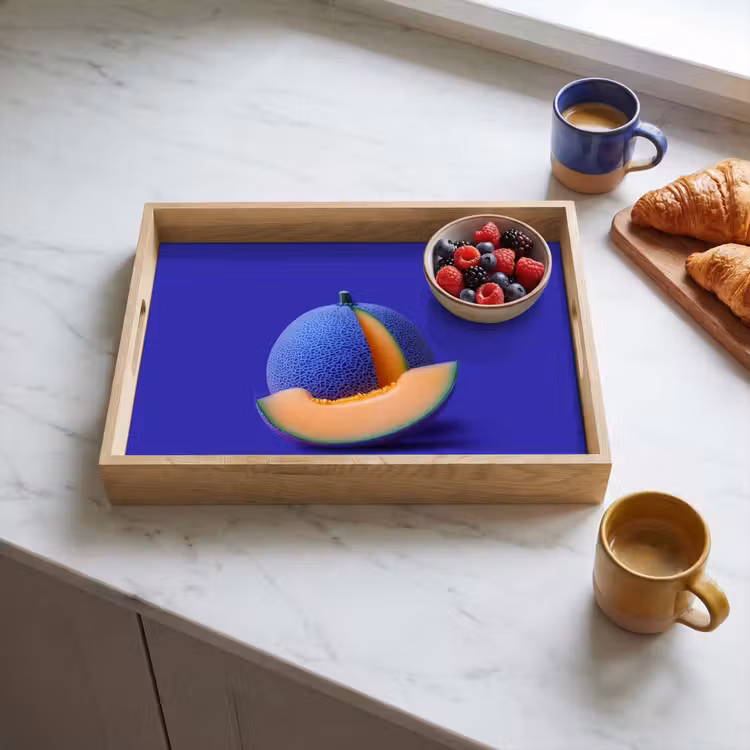 Meloen - Blauw - Oranje - Kunstzinnig Dienblad Rechthoek middel -sfeer2