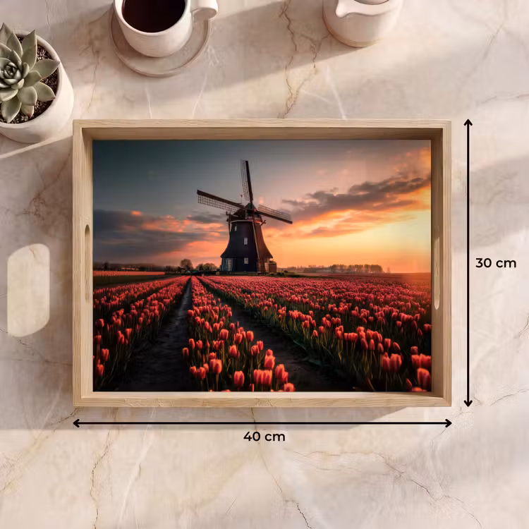 Molen - Zonsondergang - Tulpen - Rood Dienblad Rechthoek middel -USP_Formaat