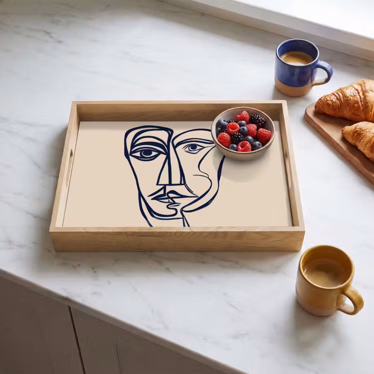 Minimalistisch - Lijnillustratie - Beige - Donkerblauw Dienblad Rechthoek middel -sfeer2