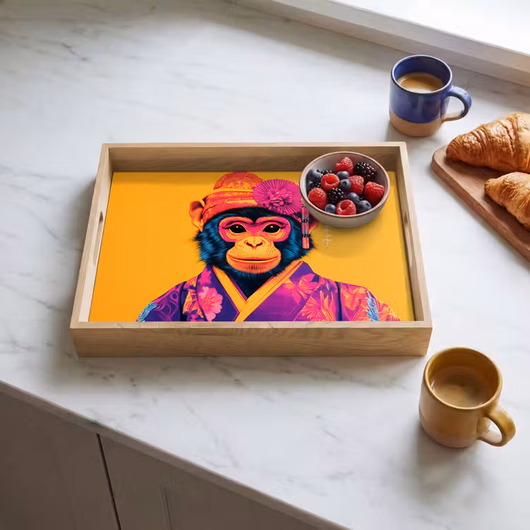 Aap - Kimono - Bloemen - Hoofdtooi Dienblad Rechthoek middel -sfeer2