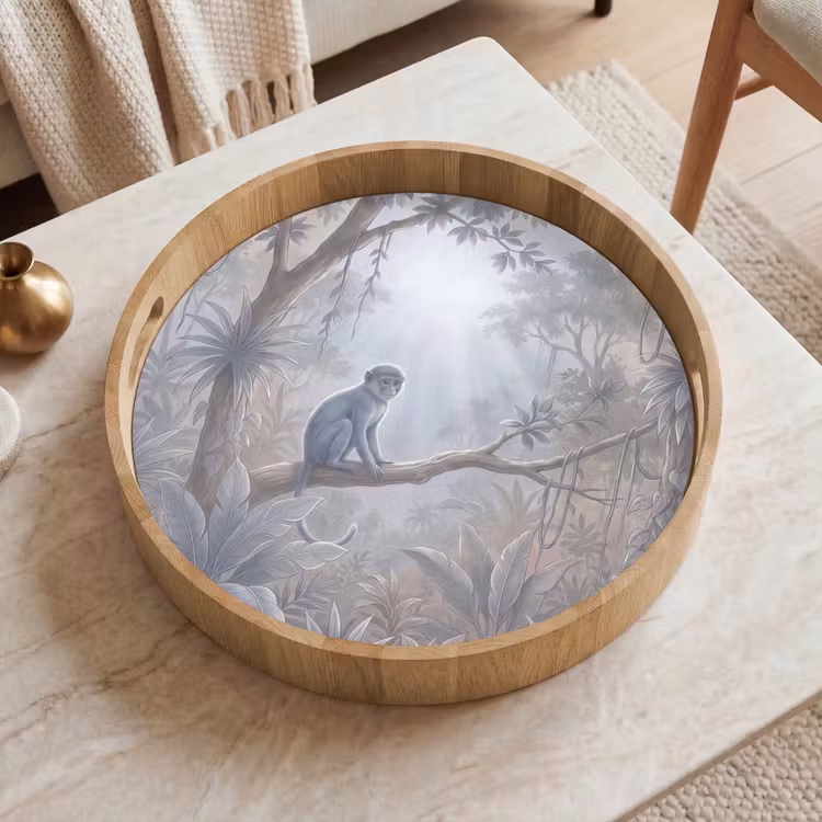 Aap - Boom - Jungle - Natuur - Grijs Dienblad Rond middel -sfeer1