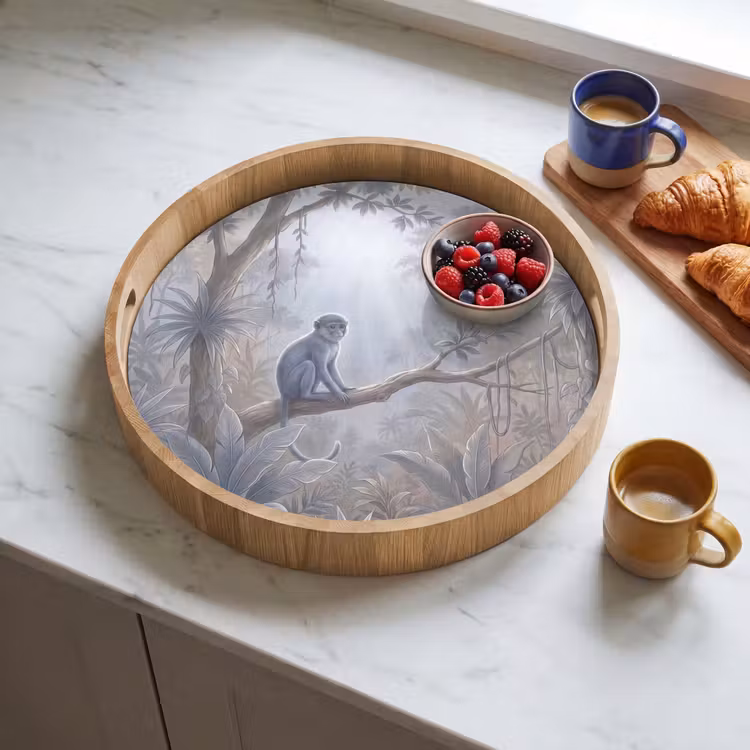 Aap - Boom - Jungle - Natuur - Grijs Dienblad Rond middel -sfeer2