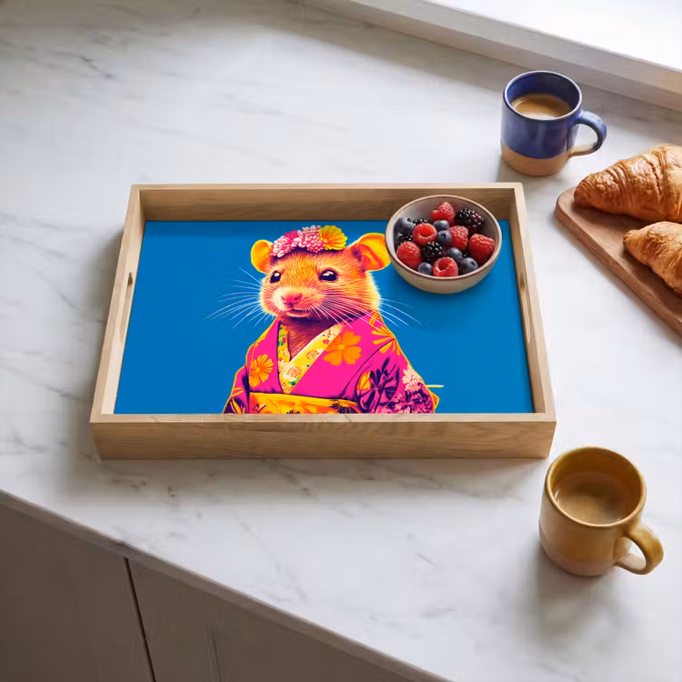 Muis - Kimono - Bloemen - Blauw Dienblad Rechthoek middel -sfeer2