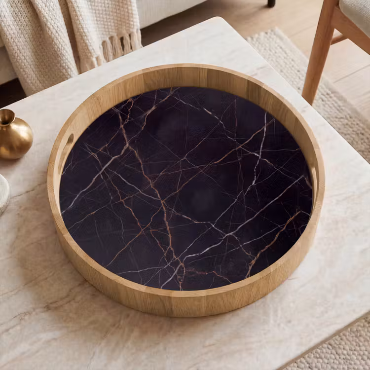 Natuursteen - Marmerpatroon - Abstract - Modern - Zwart - Goud Dienblad Rond middel -sfeer1