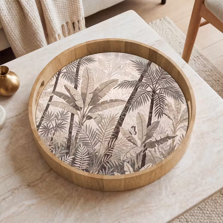 Natuur - Bladeren - Landschap - Mozaïek - Beige Dienblad Rond middel -sfeer1