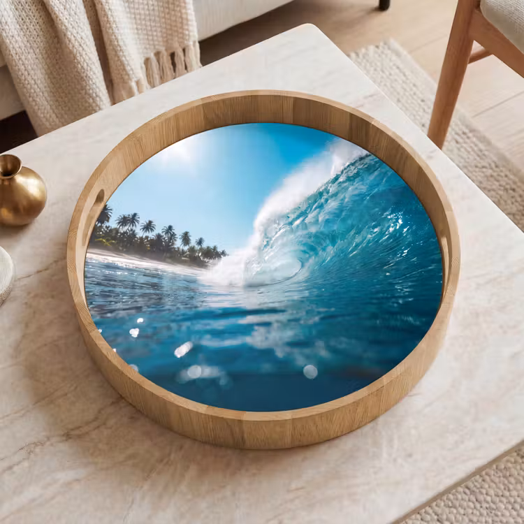 Oceaan - Golf - Strand - Natuur - Blauw Dienblad Rond middel -sfeer1