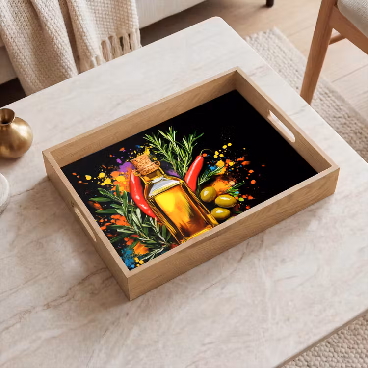 Olijfolie - Graffiti - Peper - Olijven - Modern Dienblad Rechthoek middel -sfeer1