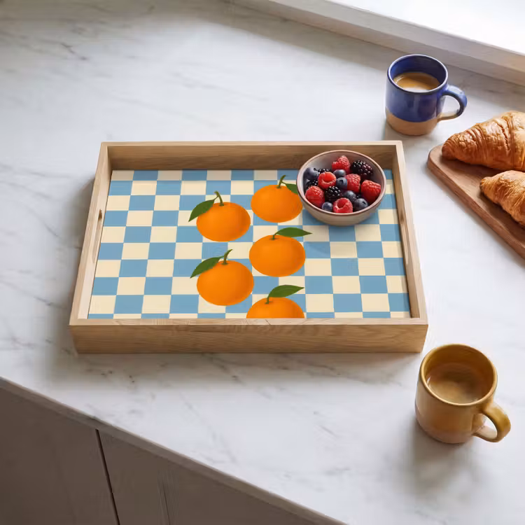 Sinaasappels - Blaadjes - Geblokt - Blauw Dienblad Rechthoek middel -sfeer2