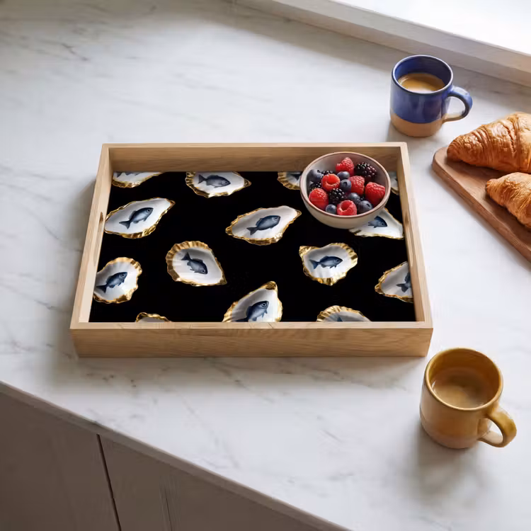 Oesters - Vissen - Blauw - Goud Dienblad Rechthoek middel -sfeer2