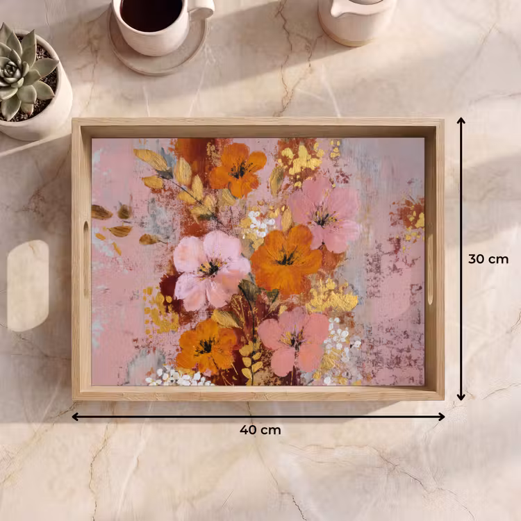 Schilderij - Bloemen - Rustiek - Roze Dienblad Rechthoek middel -USP_Formaat