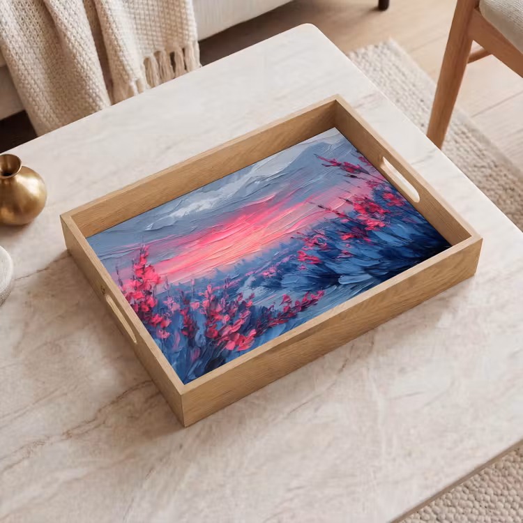 Schilderij - Zonsondergang - Bloemen - Rivier Dienblad Rechthoek middel -sfeer1