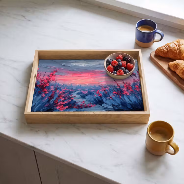 Schilderij - Zonsondergang - Bloemen - Rivier Dienblad Rechthoek middel -sfeer2