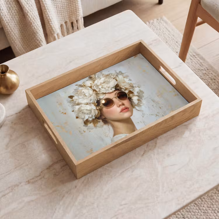 Schilderij - Vrouw - Zonnebril - Bloemenkrans Dienblad Rechthoek middel -sfeer1