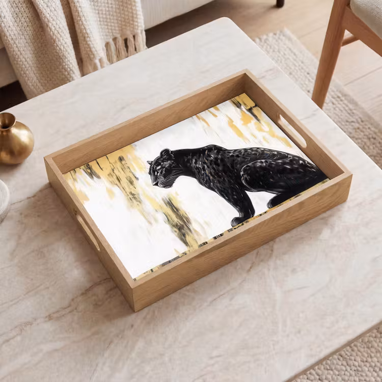 Panter - Zwart - Abstract - Goud Dienblad Rechthoek middel -sfeer1